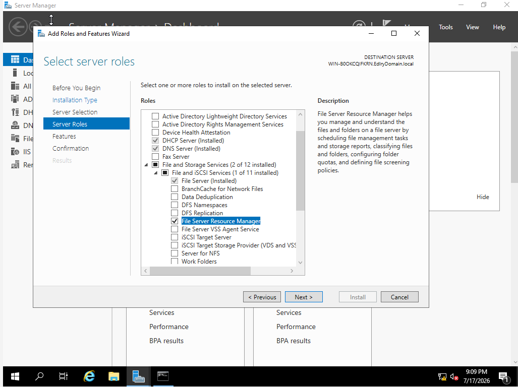 Add Roles and Features Wizard with File Server Resource Manager selected
